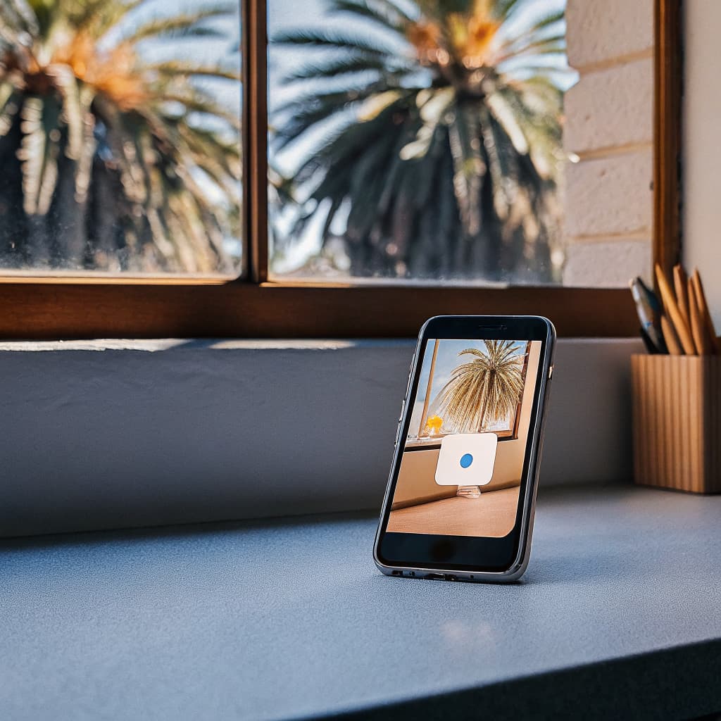 Smartphone with a live chat screen near a window with Florida palm trees