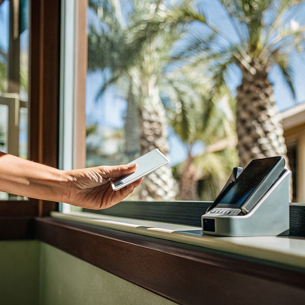 Hand tapping an NFC digital business card at a Florida storefront counter