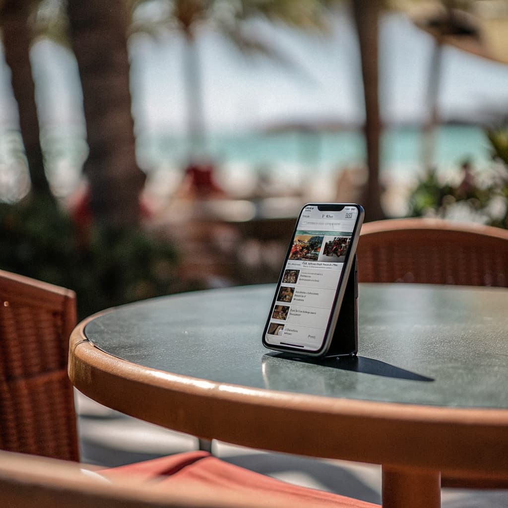 Smartphone with a social media feed on a Florida beachside cafe table