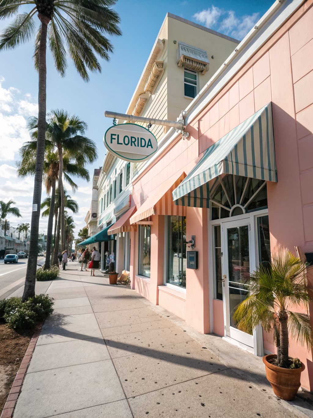 A charming Florida small business storefront with palm trees