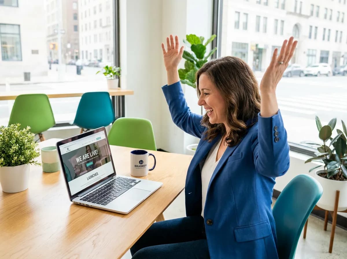 Business owner celebrating their newly launched website